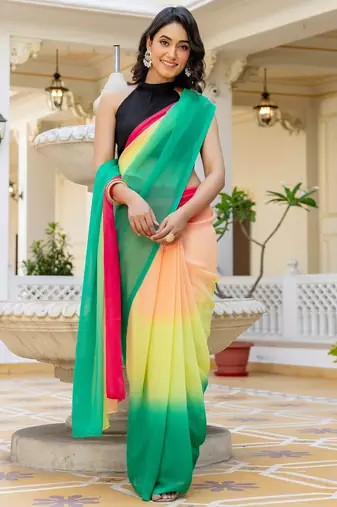 Pink & green-yellow color georgette pre drape saree with un-stitch blouse