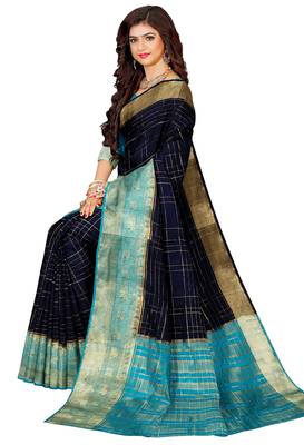 Navy blue & aqua blue checked saree 3