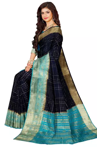 Navy blue & aqua blue checked saree