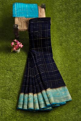Navy blue & aqua blue checked saree 4