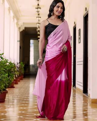 Pink & rani chinnon silk print ready to wear saree with un-stitch blouse 2