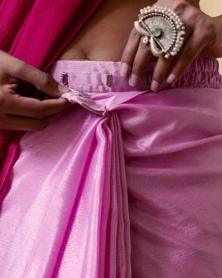 Pink & rani chinnon silk print ready to wear saree with un-stitch blouse 4