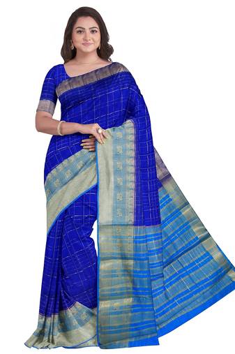 Royal blue & sky blue checked saree