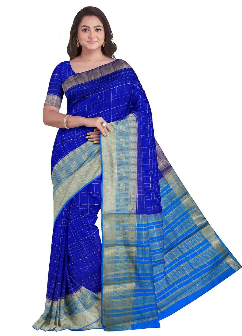 Royal blue & sky blue checked saree