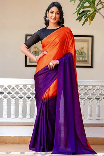 Fenta & blue color chinnon silk print ready to wear saree with un-stitch blouse