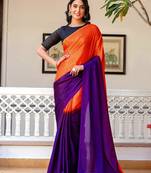 Fenta & blue color chinnon silk print ready to wear saree with un-stitch blouse
