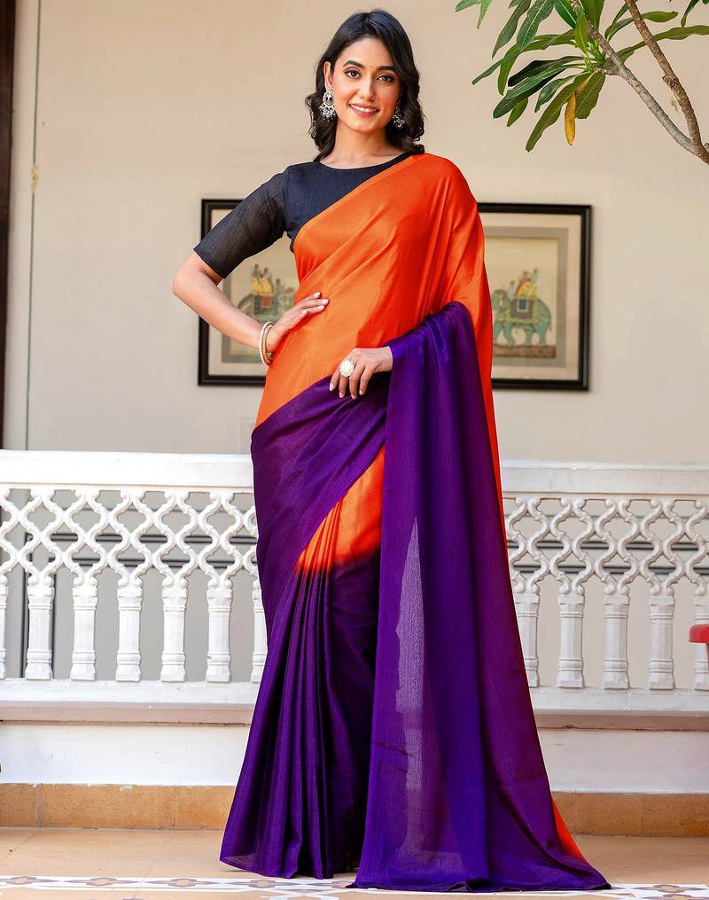 Fenta & blue color chinnon silk print ready to wear saree with un-stitch blouse
