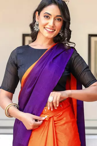 Fenta & blue color chinnon silk print ready to wear saree with un-stitch blouse