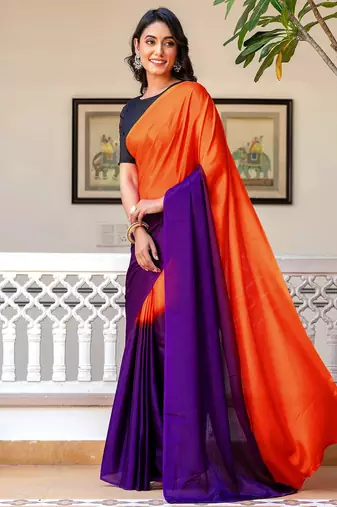 Fenta & blue color chinnon silk print ready to wear saree with un-stitch blouse