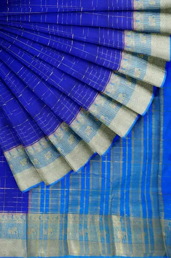 Royal blue & sky blue checked saree
