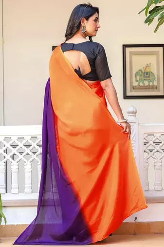 Fenta & blue color chinnon silk print ready to wear saree with un-stitch blouse
