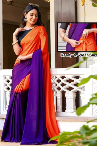 Fenta & blue color chinnon silk print ready to wear saree with un-stitch blouse