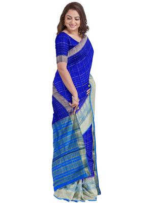 Royal blue & sky blue checked saree 4