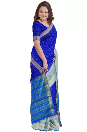 Royal blue & sky blue checked saree