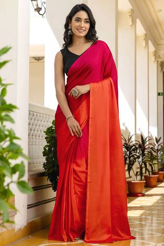 Rani & orange color chinnon silk print ready to wear saree with un-stitch blouse