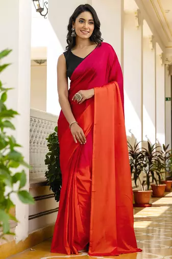 Rani & orange color chinnon silk print ready to wear saree with un-stitch blouse