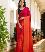 Rani & orange color chinnon silk print ready to wear saree with un-stitch blouse