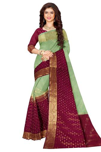 Mint green & wine zari saree