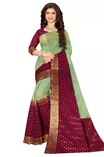 Mint green & wine zari saree
