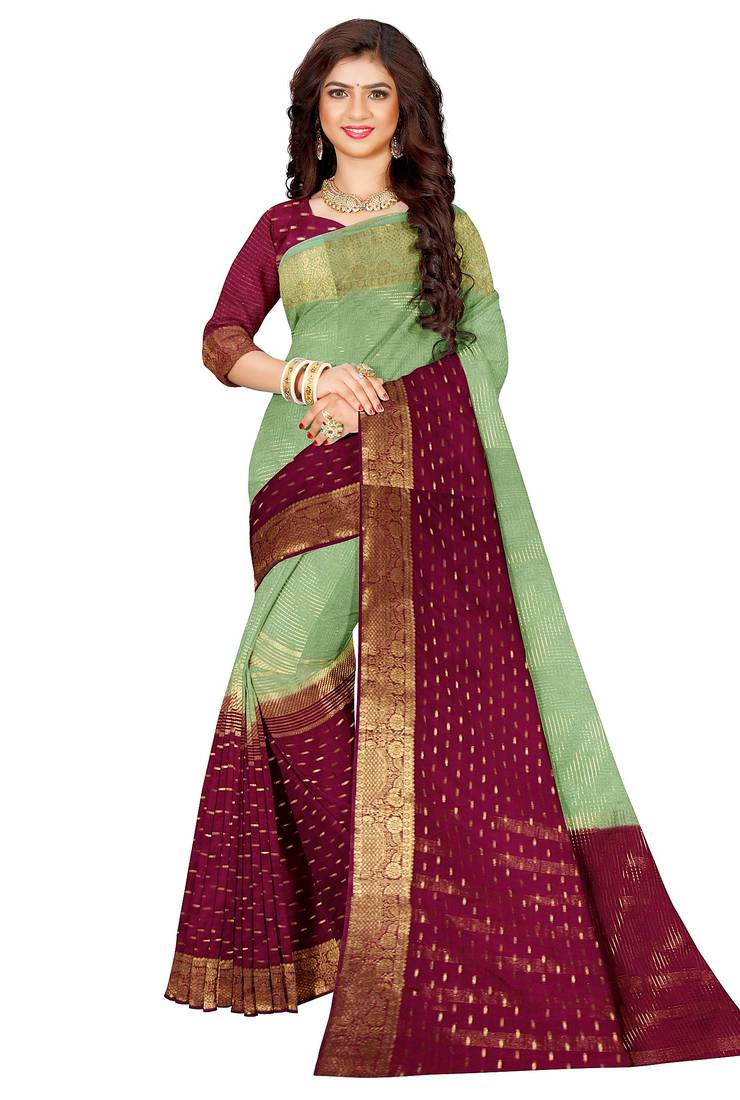 Mint green & wine zari saree