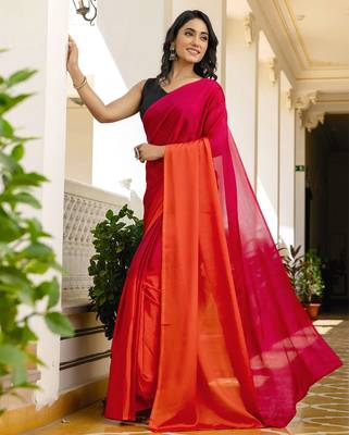 Rani & orange chinnon silk print ready to wear saree with un-stitch blouse 5