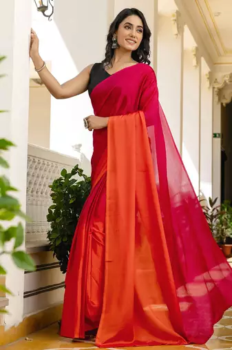 Rani & orange color chinnon silk print ready to wear saree with un-stitch blouse