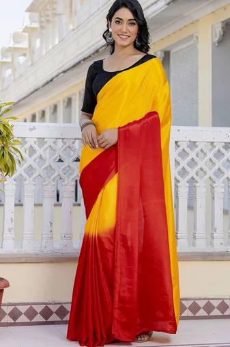 Yellow & red color chinnon silk print ready to wear saree with un-stitch blouse