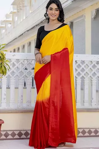 Yellow & red color chinnon silk print ready to wear saree with un-stitch blouse
