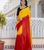 Yellow & red color chinnon silk print ready to wear saree with un-stitch blouse
