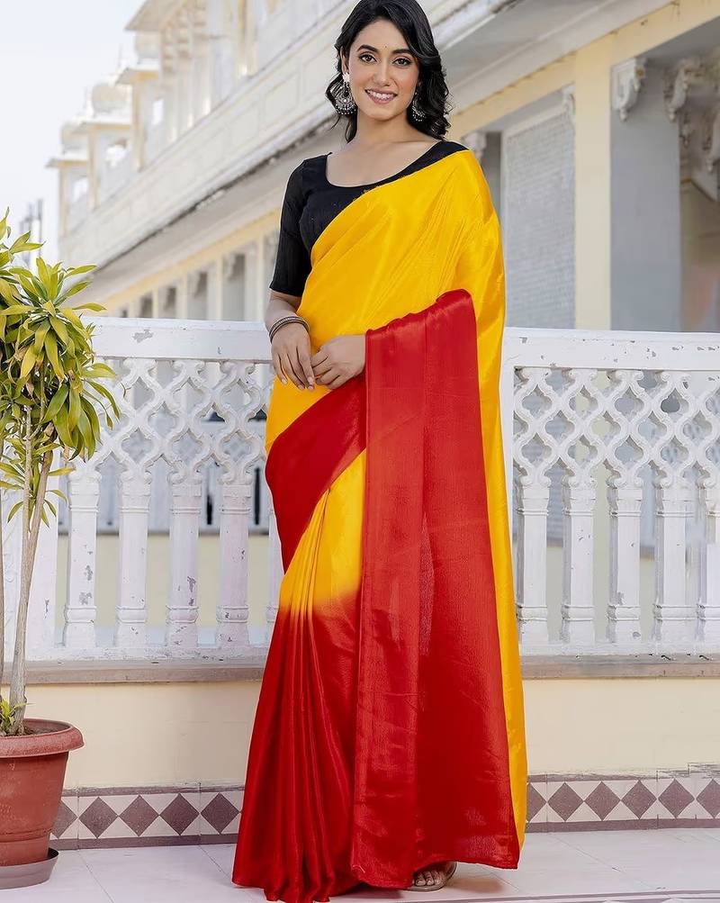 Yellow & red color chinnon silk print ready to wear saree with un-stitch blouse