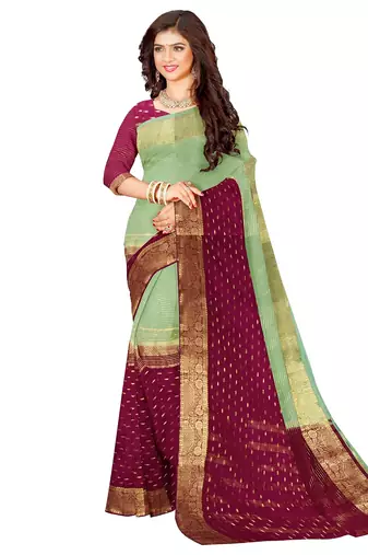 Mint green & wine zari saree
