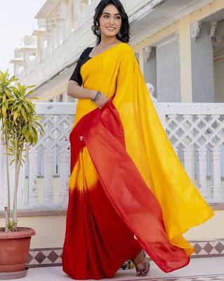 Yellow & red chinnon silk print ready to wear saree with un-stitch blouse 2