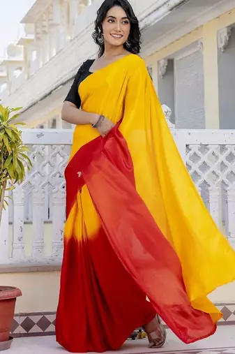 Yellow & red color chinnon silk print ready to wear saree with un-stitch blouse
