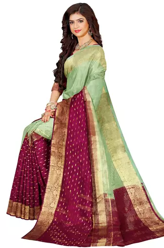 Mint green & wine zari saree