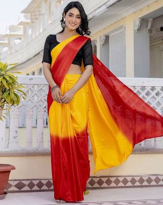 Yellow & red chinnon silk print ready to wear saree with un-stitch blouse 3