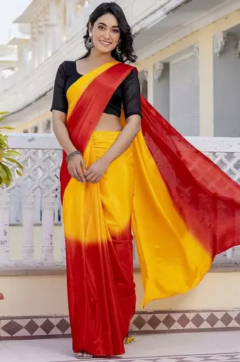 Yellow & red color chinnon silk print ready to wear saree with un-stitch blouse