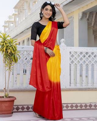 Yellow & red chinnon silk print ready to wear saree with un-stitch blouse 4