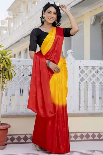 Yellow & red color chinnon silk print ready to wear saree with un-stitch blouse