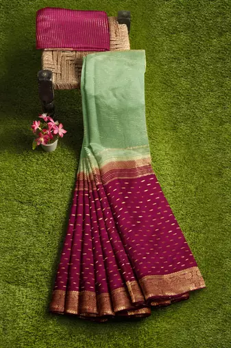 Mint green & wine zari saree