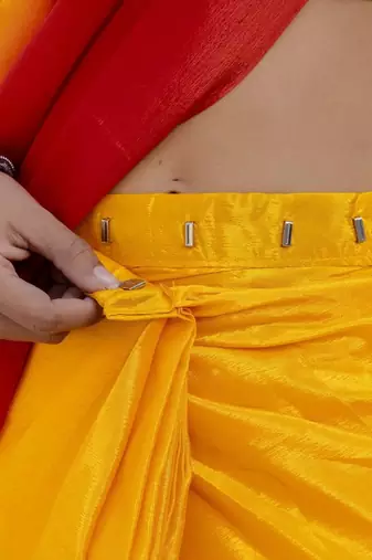 Yellow & red color chinnon silk print ready to wear saree with un-stitch blouse