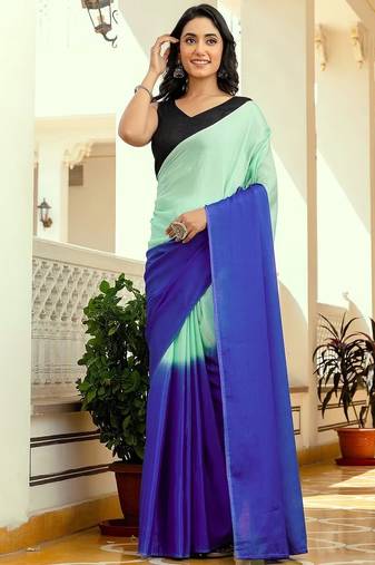Pista & blue color chinnon silk print ready to wear saree with un-stitch blouse