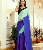 Pista & blue color chinnon silk print ready to wear saree with un-stitch blouse
