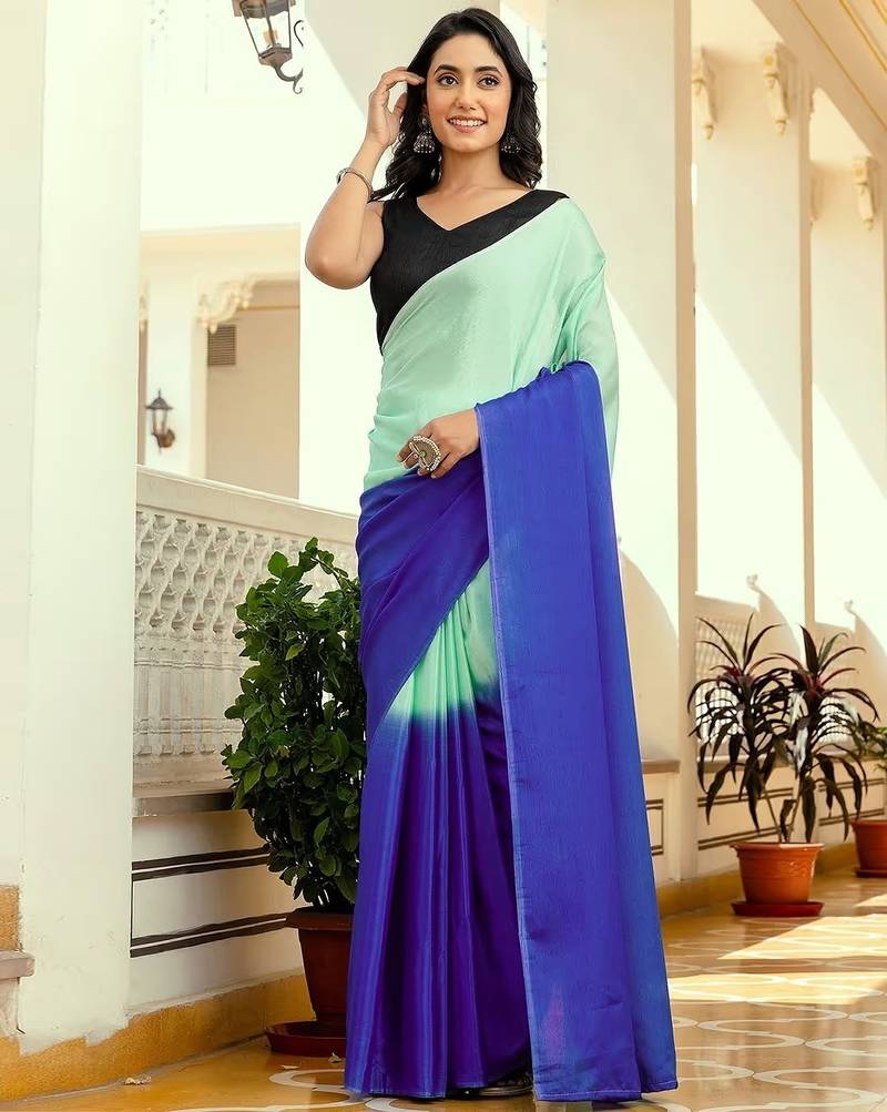 Pista & blue color chinnon silk print ready to wear saree with un-stitch blouse