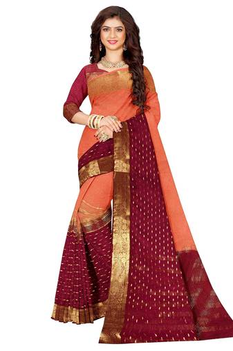 Peach & wine gold zari saree