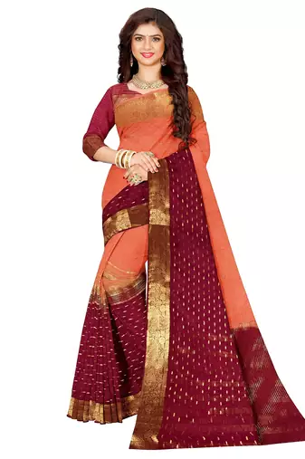 Peach & wine gold zari saree
