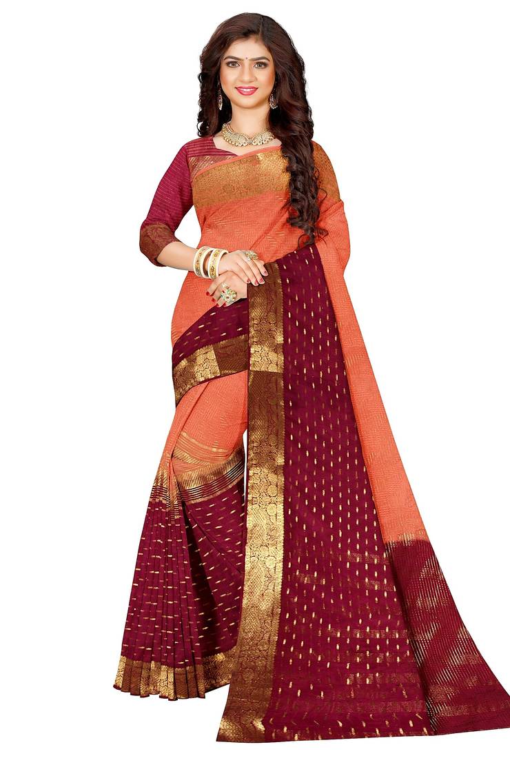 Peach & wine gold zari saree