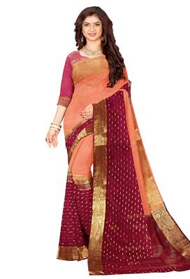 Peach & wine gold zari saree 2