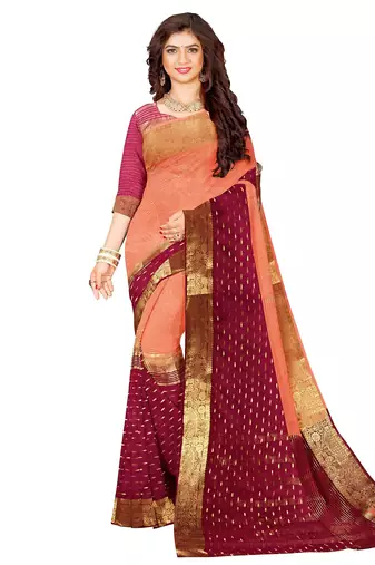 Peach & wine gold zari saree