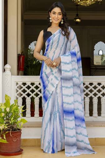 White -blue color printed georgette readymade saree with un-stitch blouse