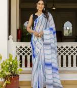 White -blue color printed georgette readymade saree with un-stitch blouse